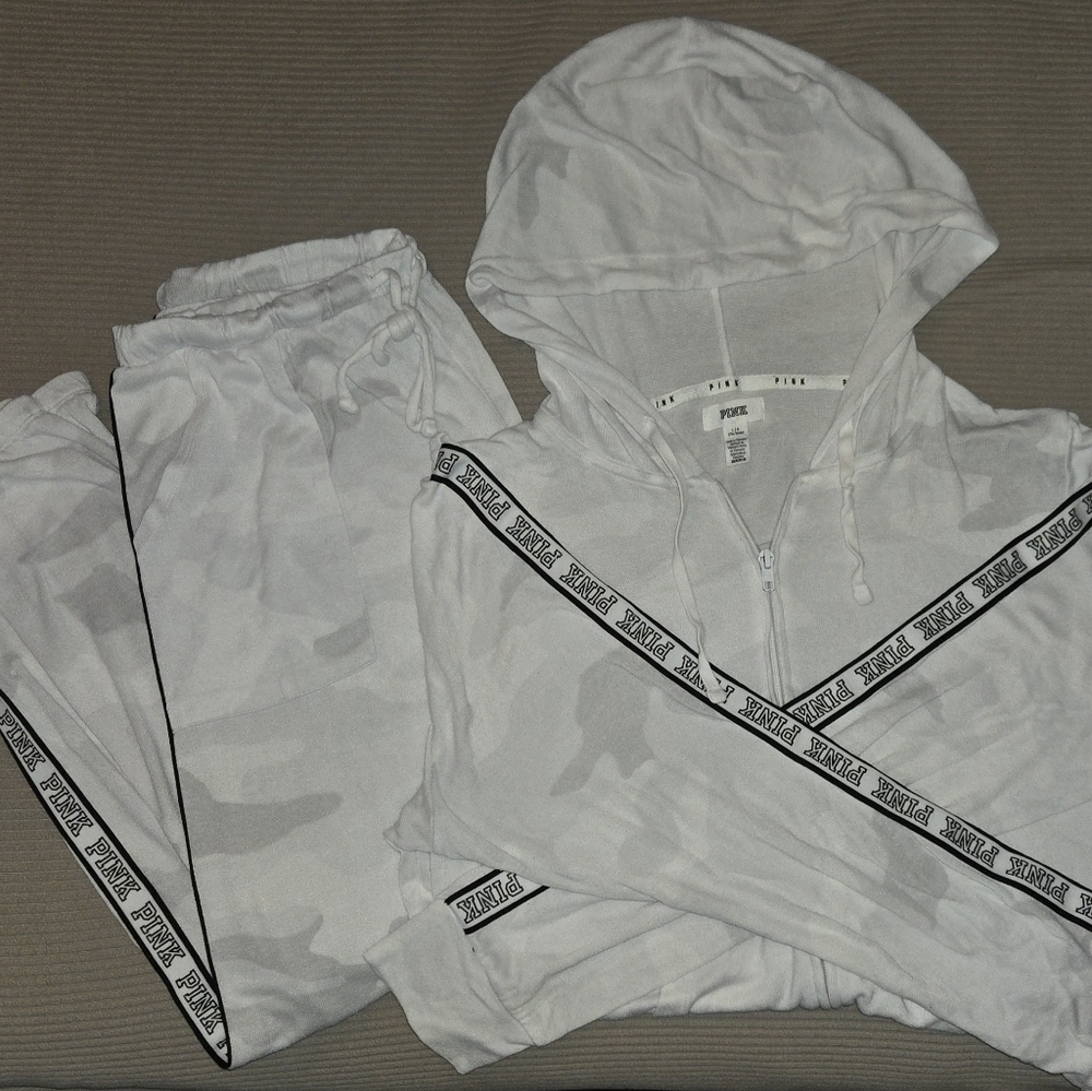 PINK Victoria's Secret White Camo Hoodie and Joggers Set with Logo Trim